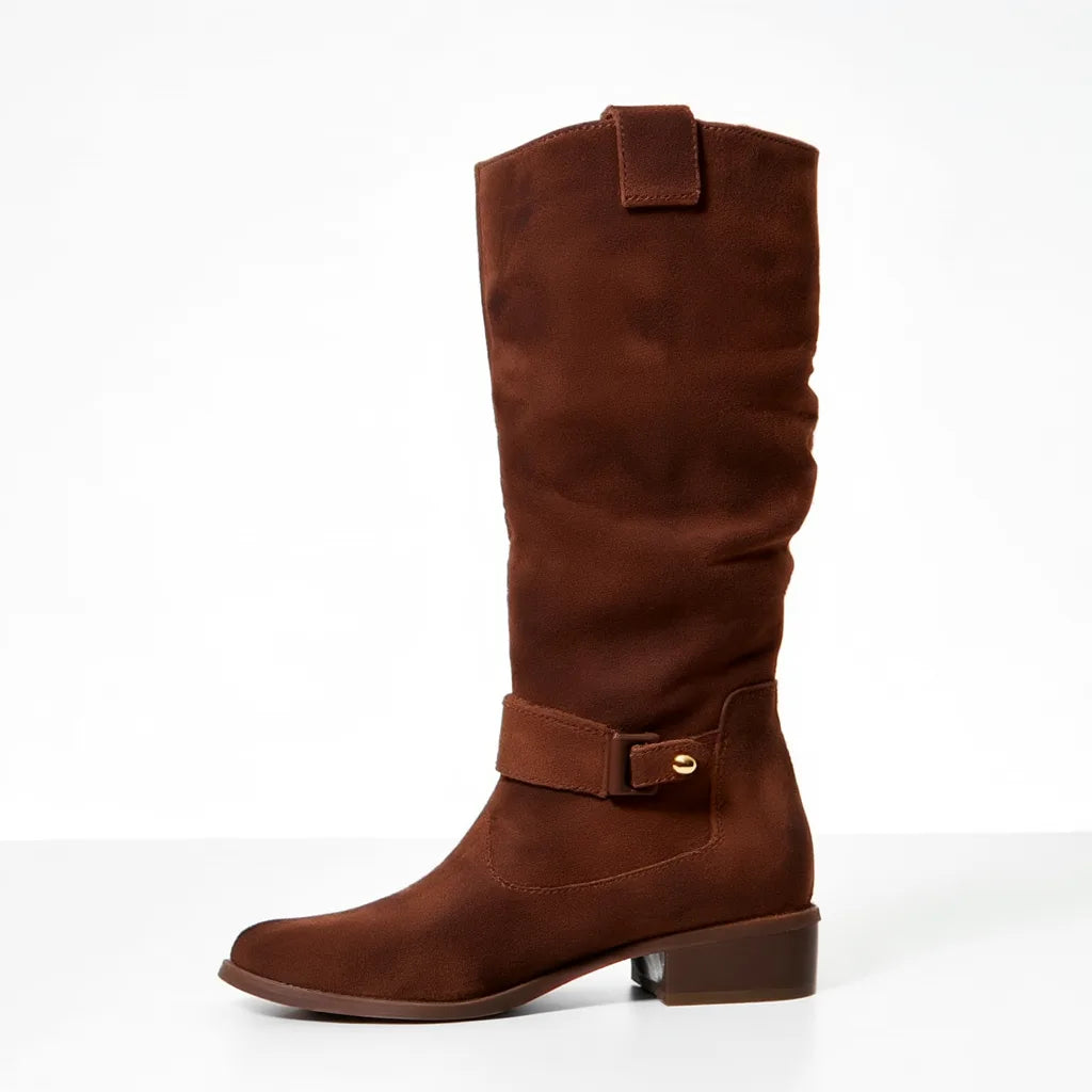 Women's slouchy knee-high boots with buckle strap, chocolate, side view