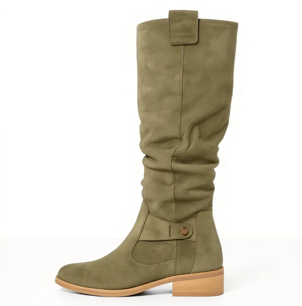 Women's slouchy knee-high boots with buckle strap, green, side view