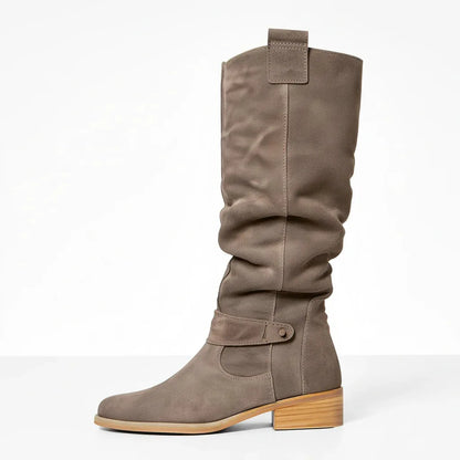 Women's slouchy knee-high boots with buckle strap, grey, side view