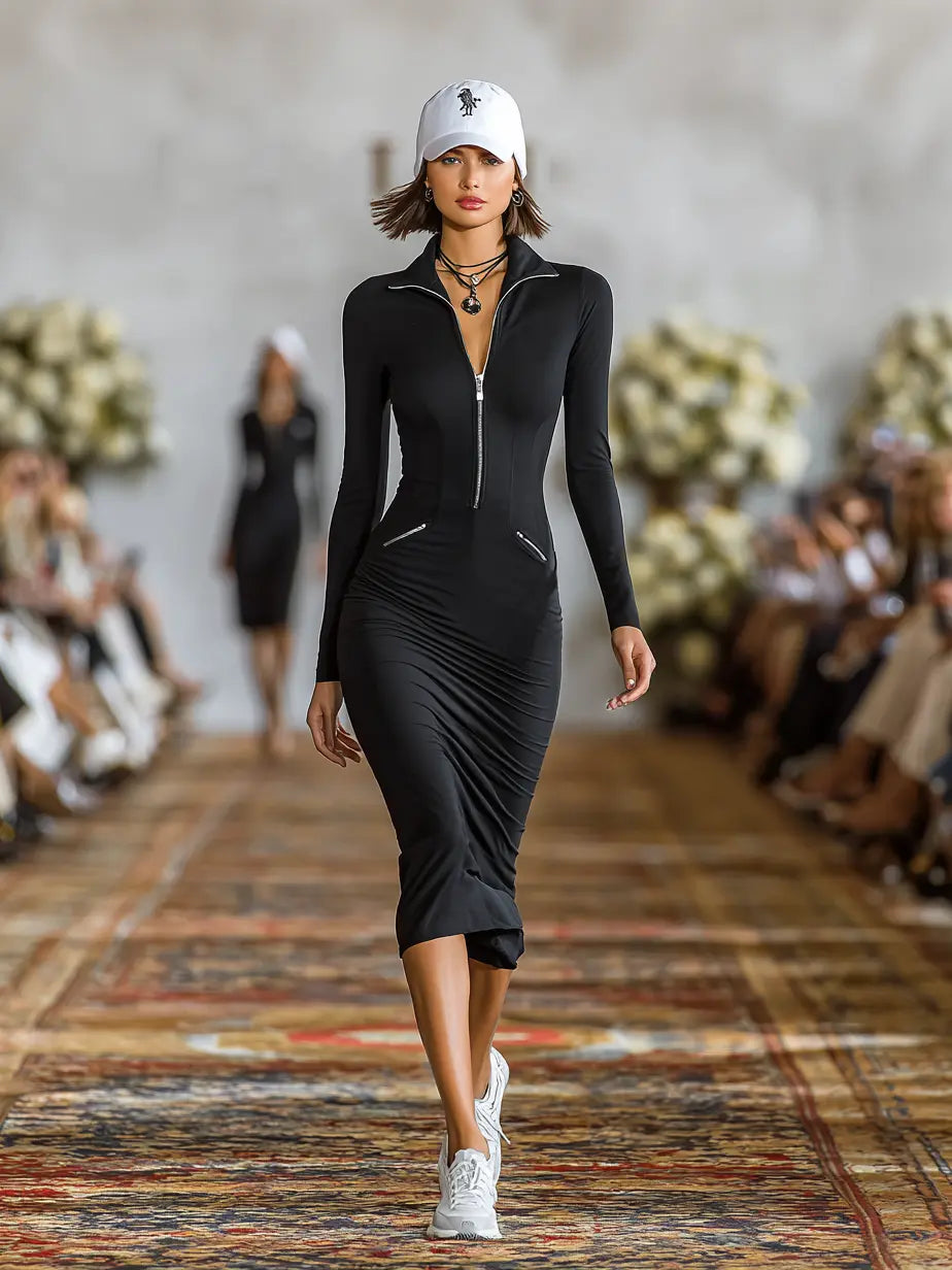 Black sporty zip-front midi dress with lapel collar