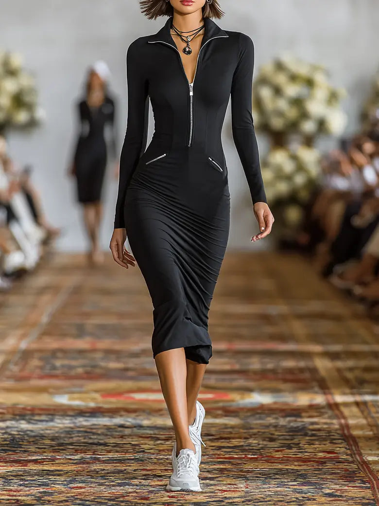 Sporty-chic midi dress with front zip, side view