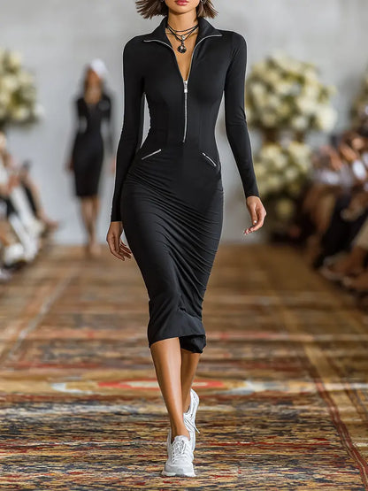 Sporty-chic midi dress with front zip, side view