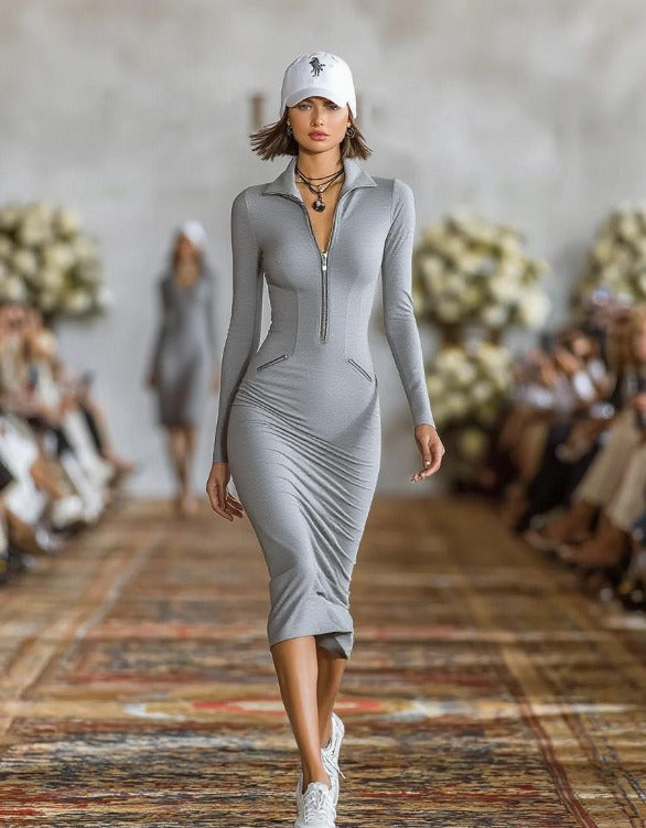 Woman wearing a fitted zip-front midi dress, styled look