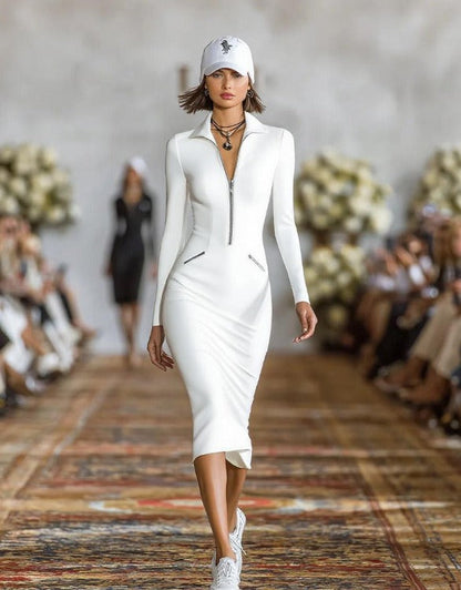 Zip-front midi dress with lapel collar, close-up