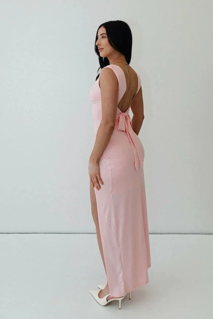Women's square-neck maxi dress with thigh slit and tie back, pink, back view