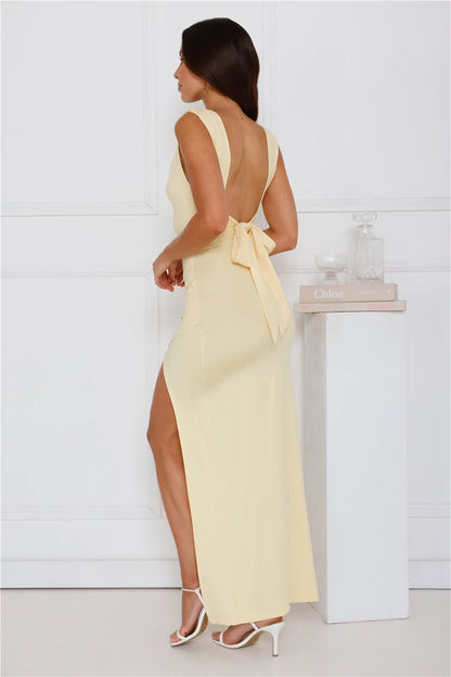 Women's square-neck maxi dress with thigh slit and tie back, yellow, back view with tie detail