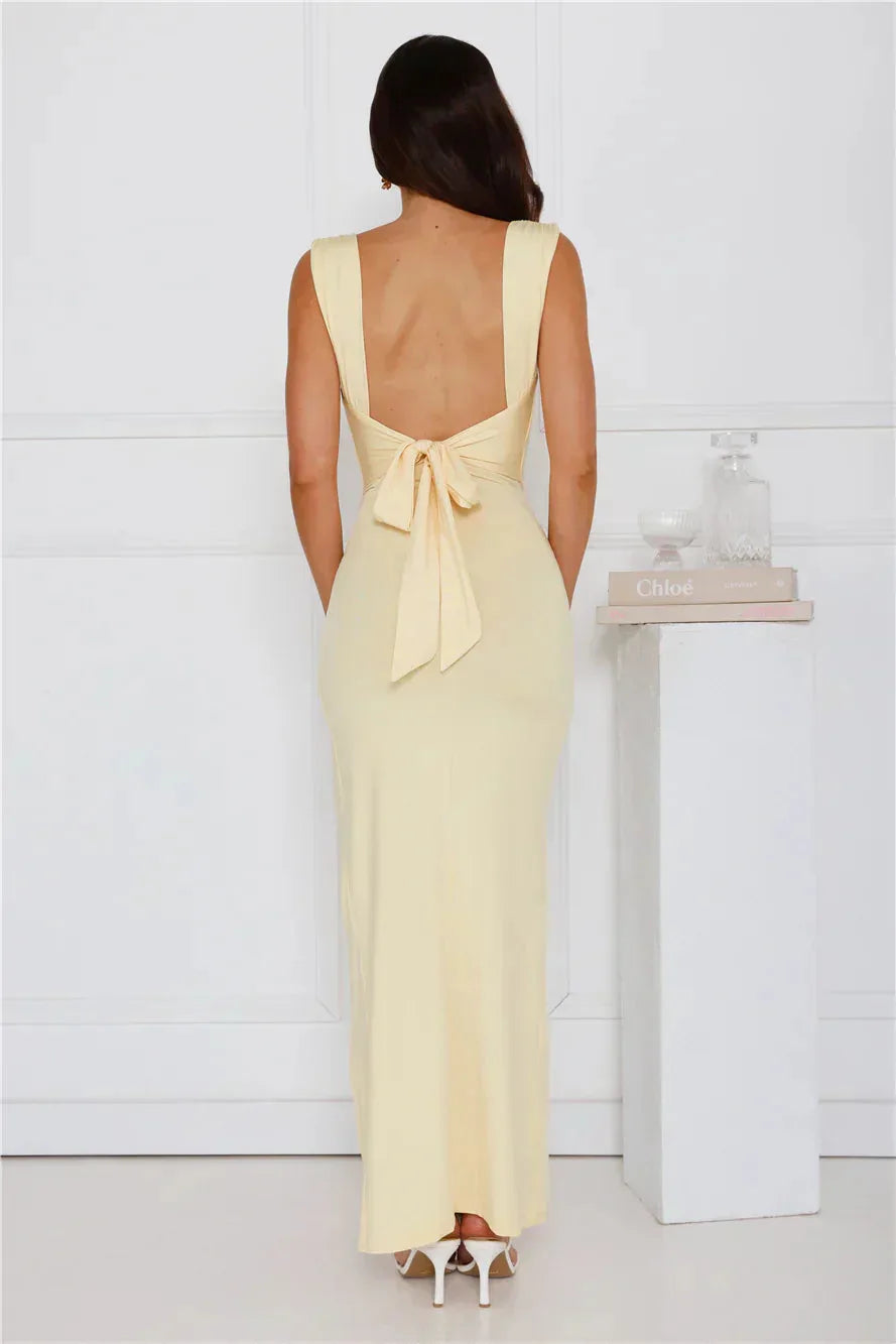 Women's square-neck maxi dress with thigh slit and tie back, yellow, back view