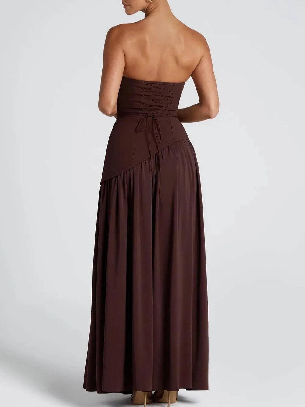 Women's strapless maxi dress with high slit and draped sash, brown, back view
