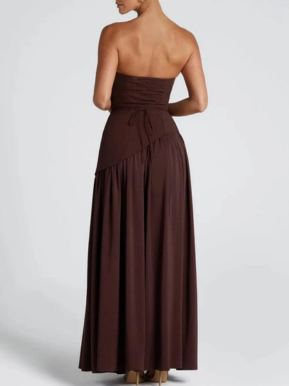 Women's strapless maxi dress with high slit and draped sash, brown, back view