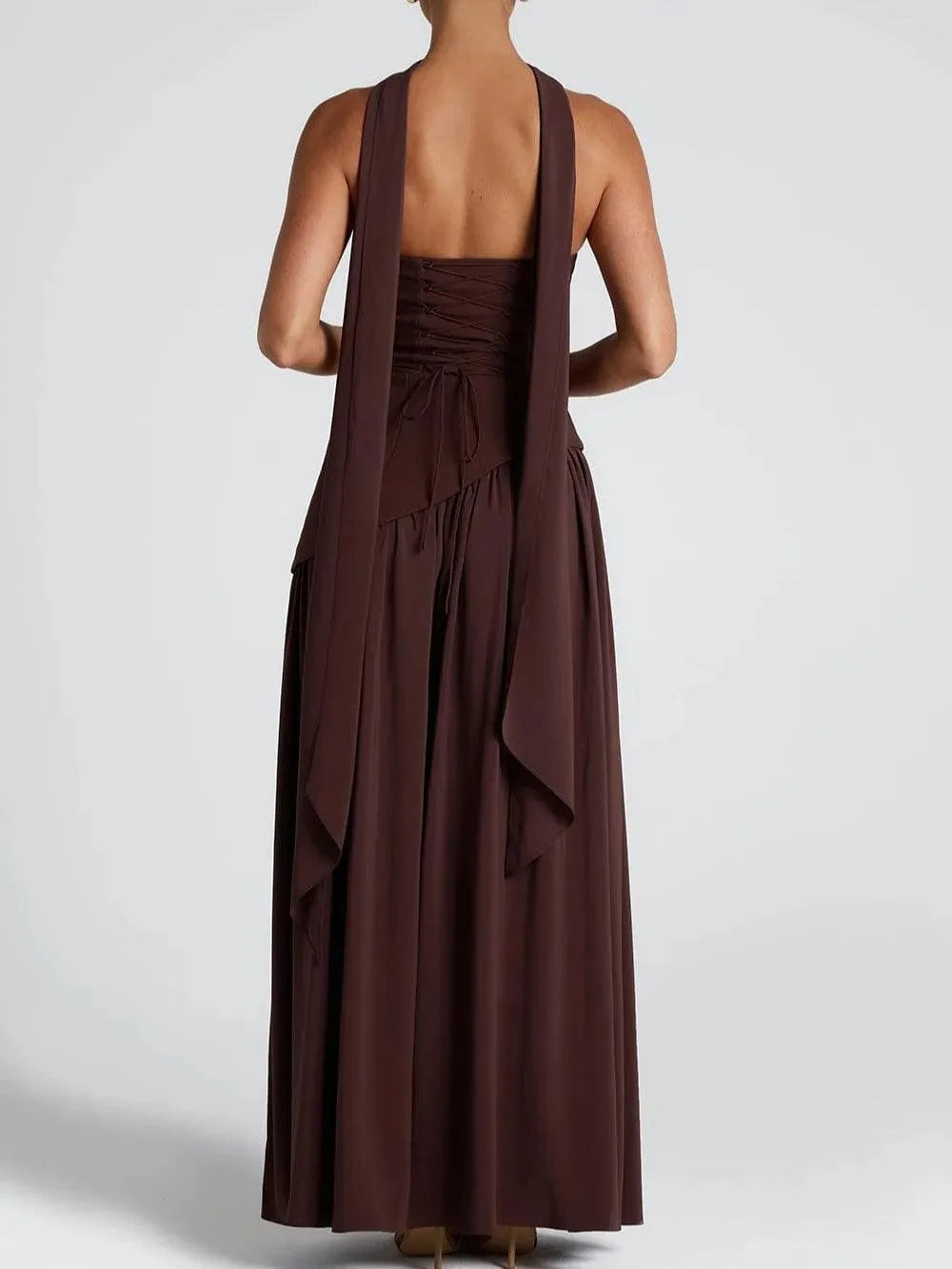 Women's strapless maxi dress with high slit and draped sash, brown, back view