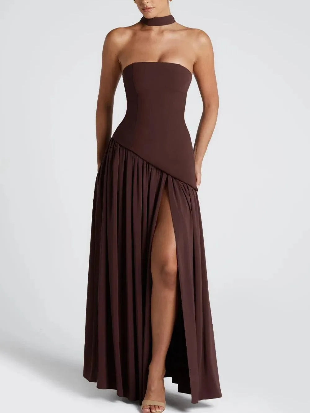 Women's strapless maxi dress with high slit and draped sash, brown, front view