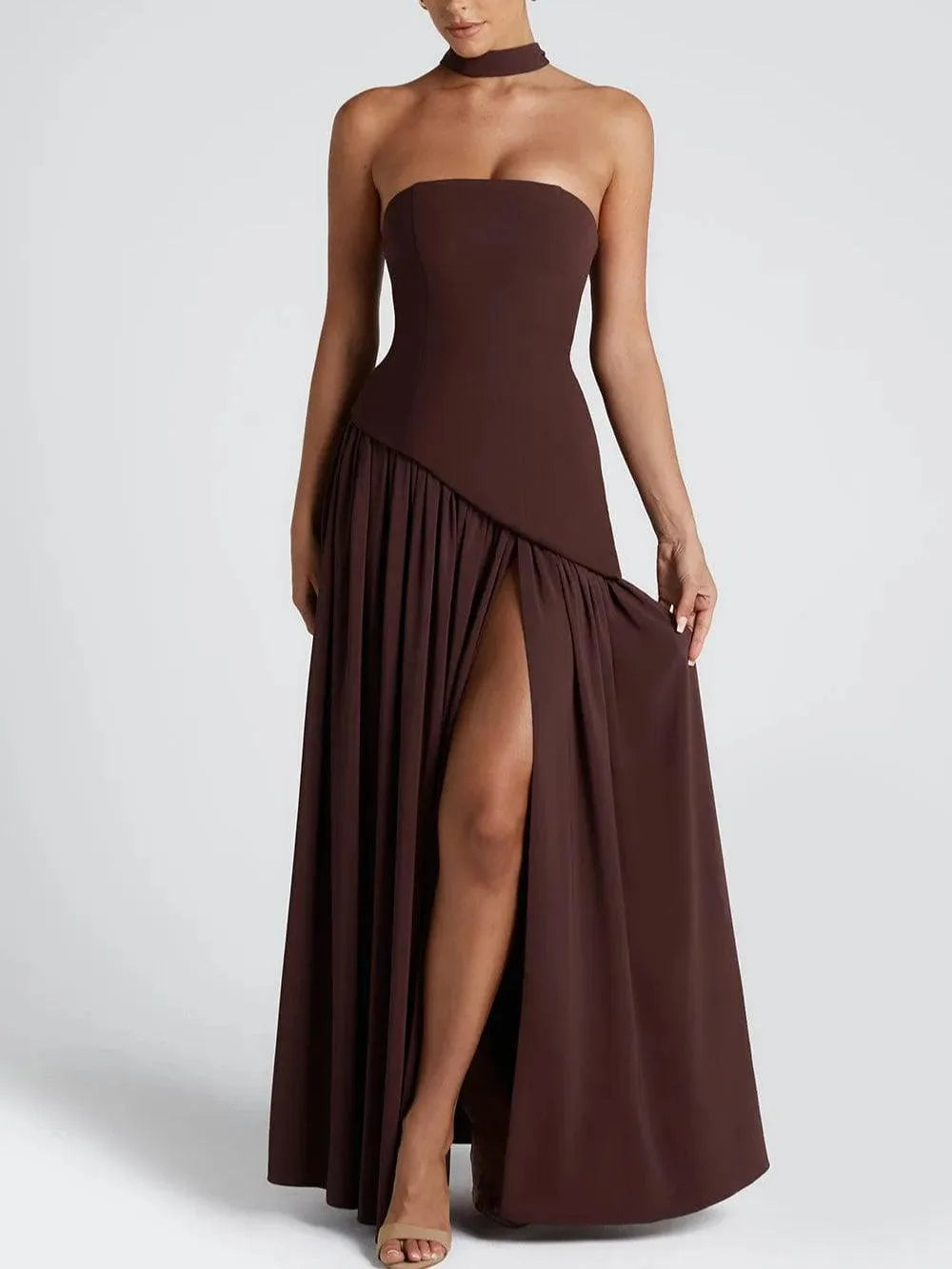 Women's strapless maxi dress with high slit and draped sash, brown, front view