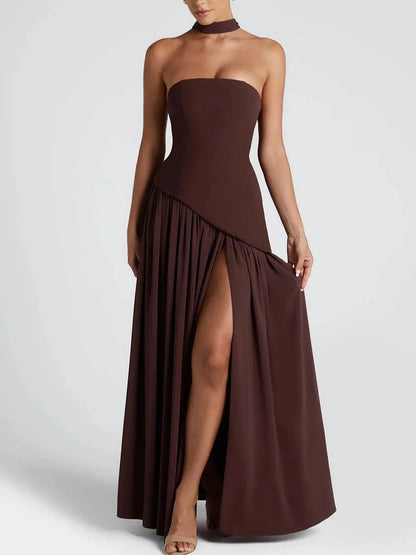 Women's strapless maxi dress with high slit and draped sash, brown, front view