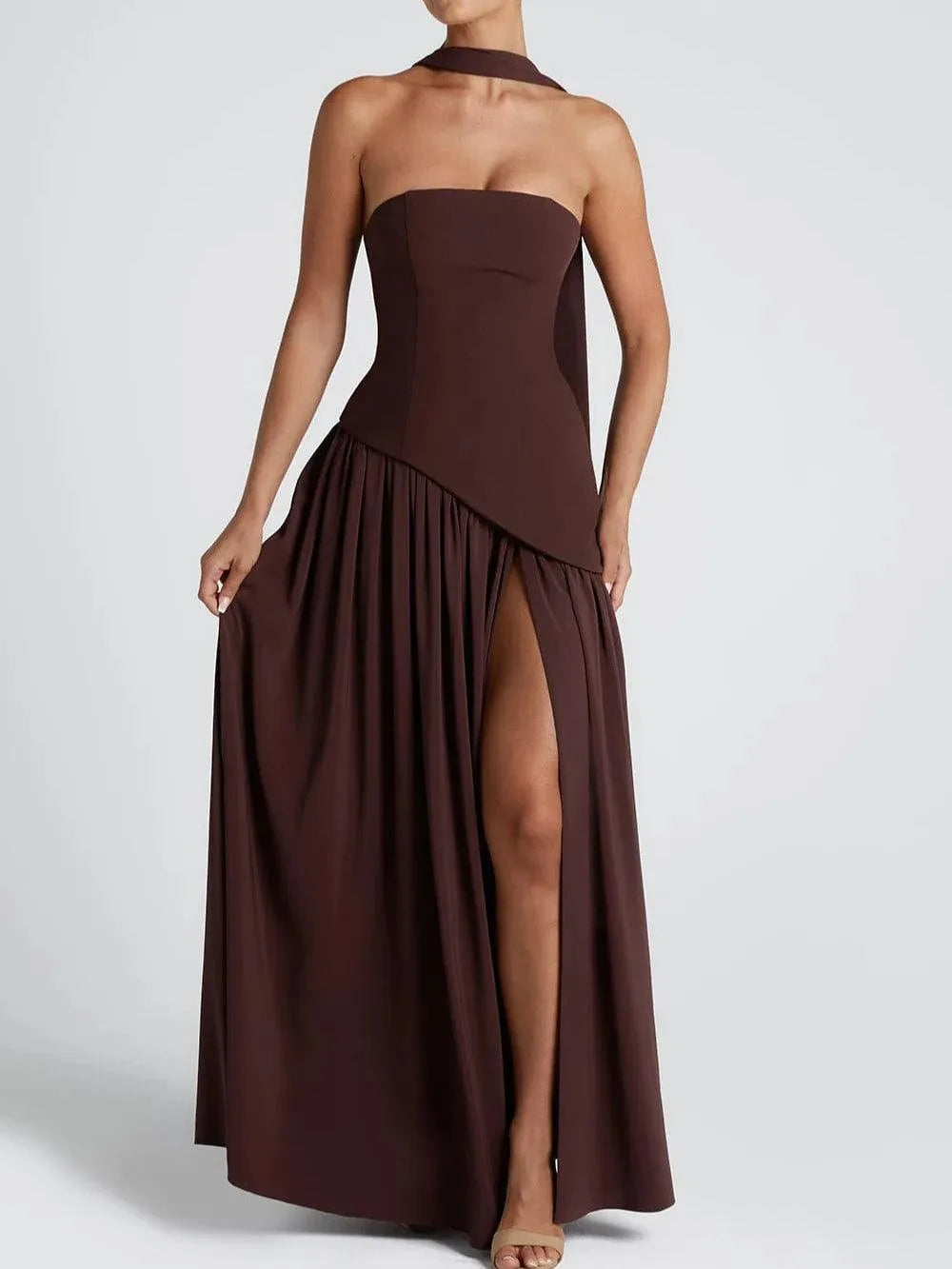 Women's strapless maxi dress with high slit and draped sash, brown, side view