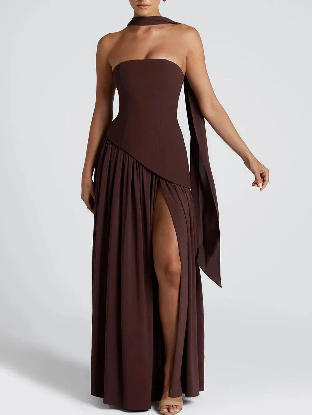 Women's strapless maxi dress with high slit and draped sash, brown, three-quarter view