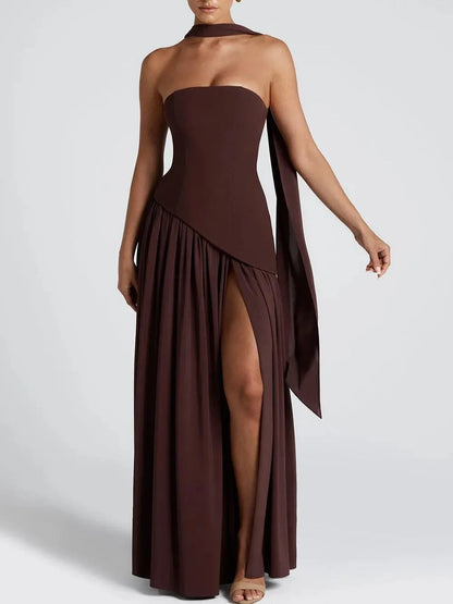 Women's strapless maxi dress with high slit and draped sash, brown, three-quarter view