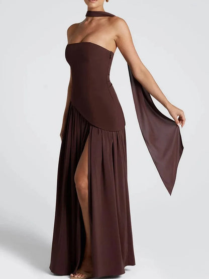 Women's strapless maxi dress with high slit and draped sash, brown, three-quarter view