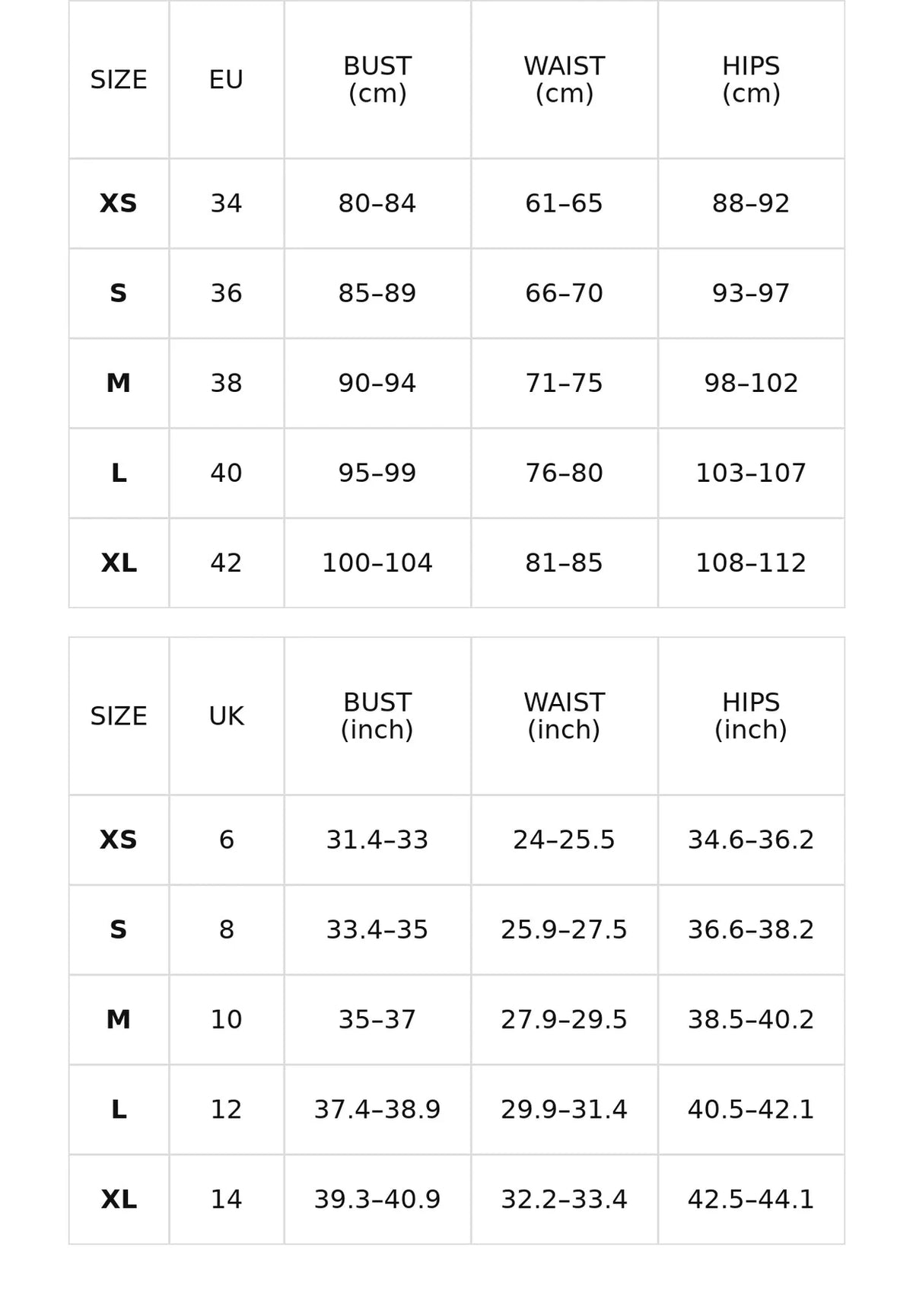 Size chart for the strapless maxi dress with high slit and draped sash