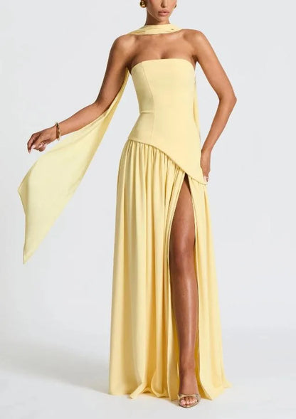 Women's strapless maxi dress with high slit and draped sash, yellow, front view