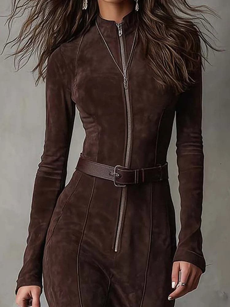 Brown faux suede maxi dress with front zip and belt