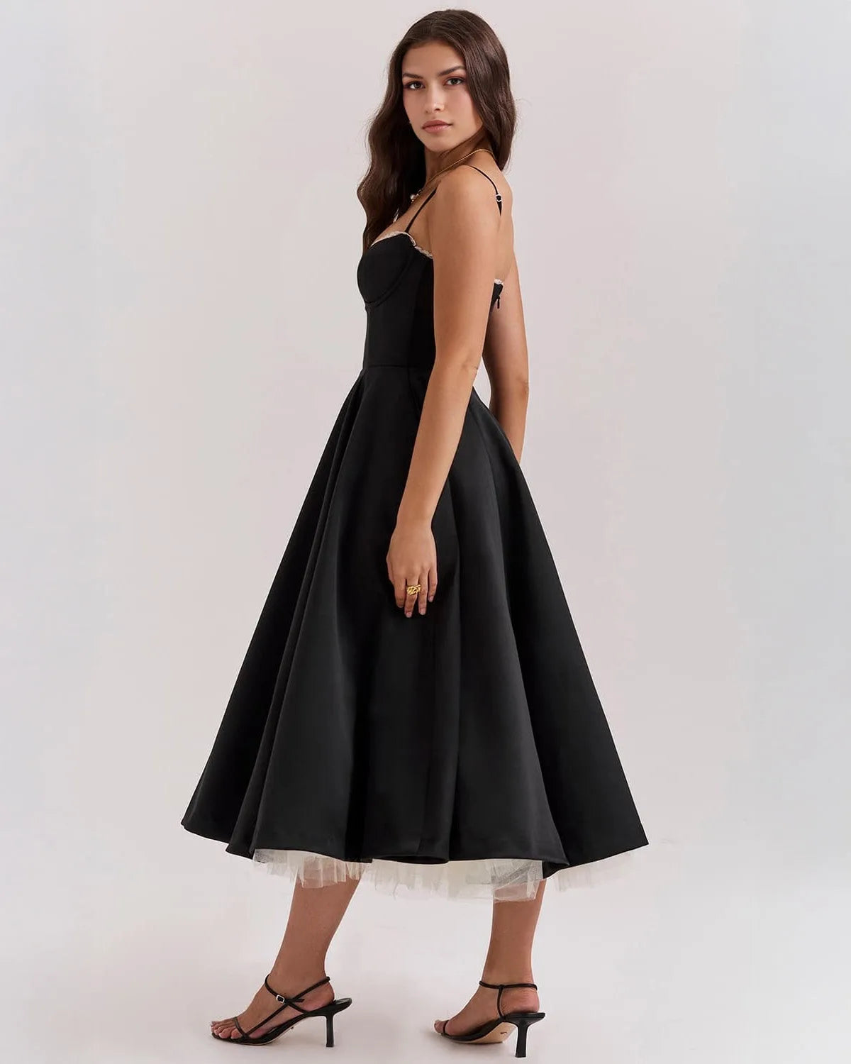 Women's sweetheart midi dress with fitted bodice and full skirt, black, front view