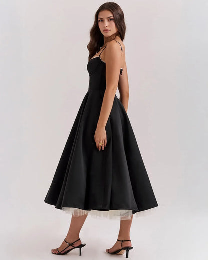 Women's sweetheart midi dress with fitted bodice and full skirt, black, front view