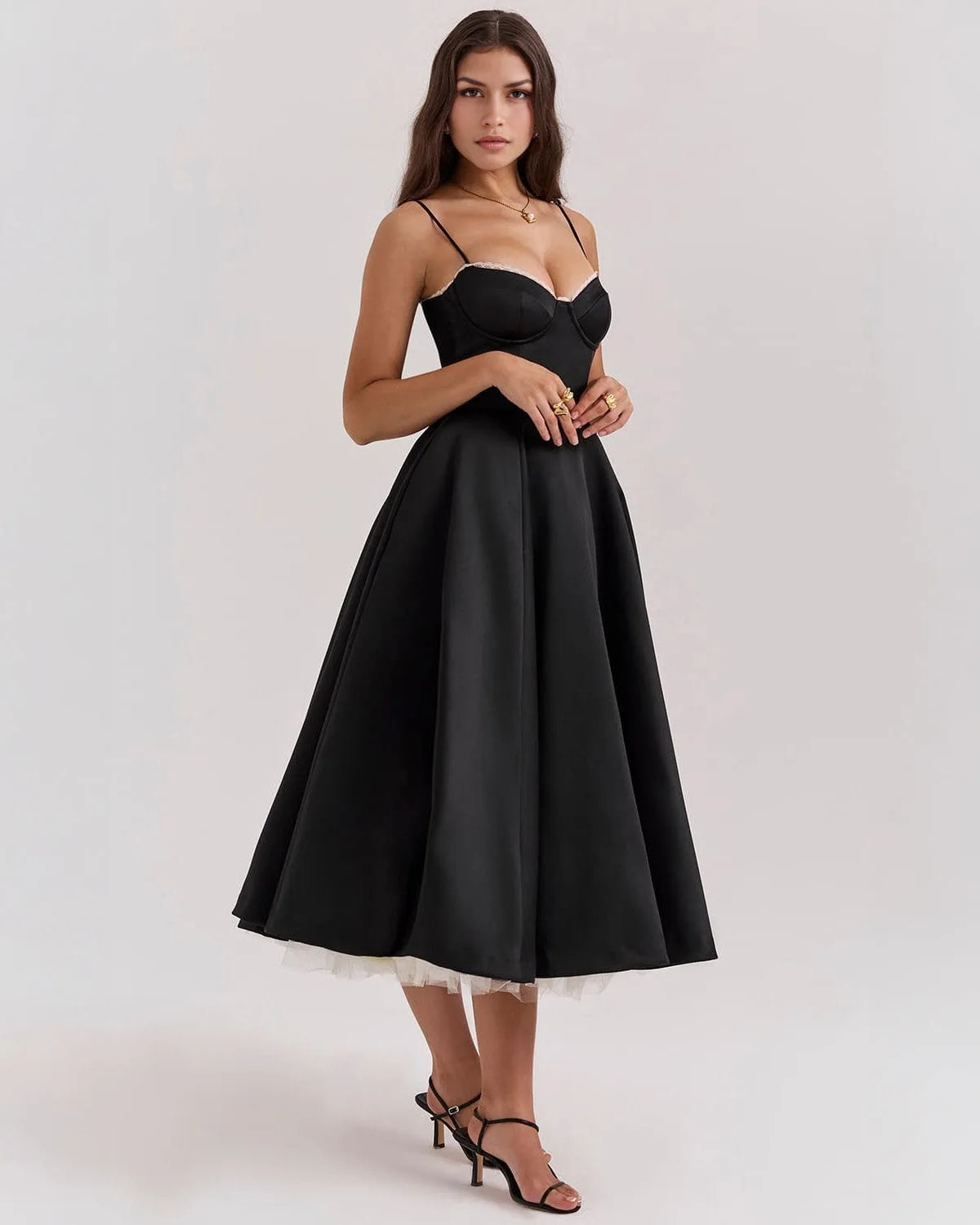 Women's sweetheart midi dress with fitted bodice and full skirt, black, front view