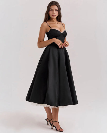 Women's sweetheart midi dress with fitted bodice and full skirt, black, front view