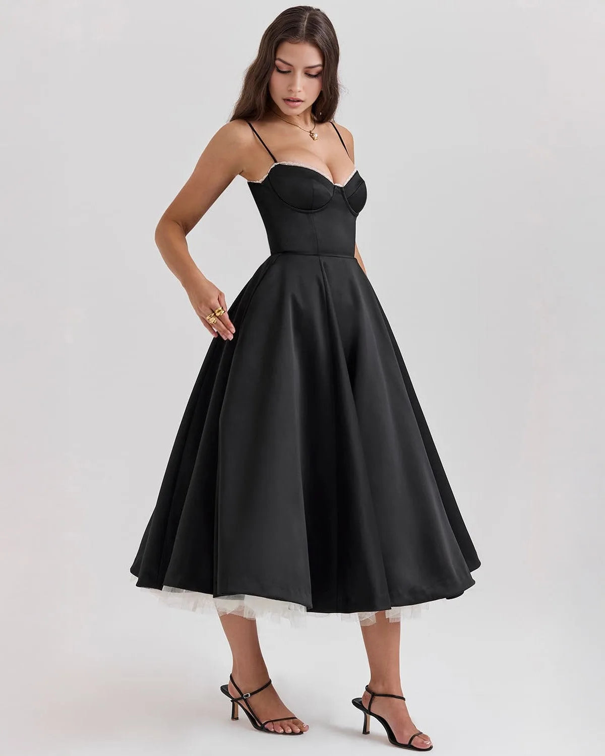 Women's sweetheart midi dress with fitted bodice and full skirt, black, front view