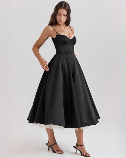 Women's sweetheart midi dress with fitted bodice and full skirt, black, front view
