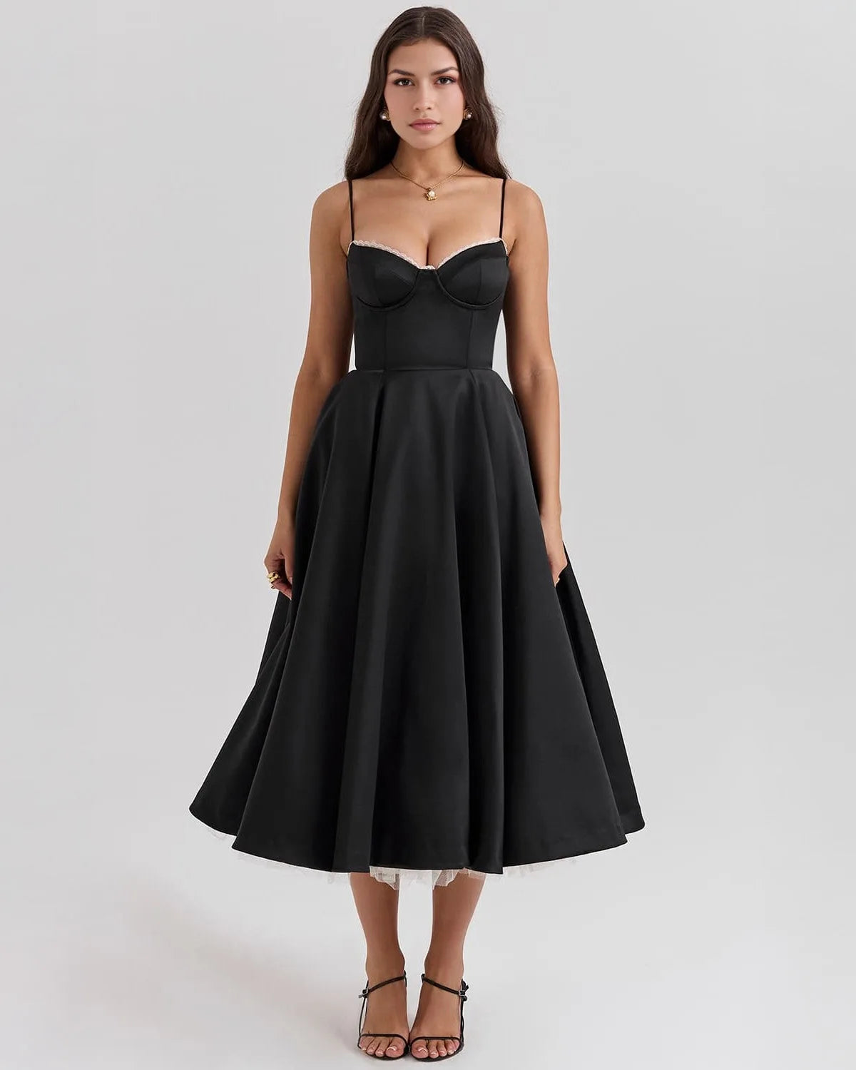 Women's sweetheart midi dress with fitted bodice and full skirt, black, front view
