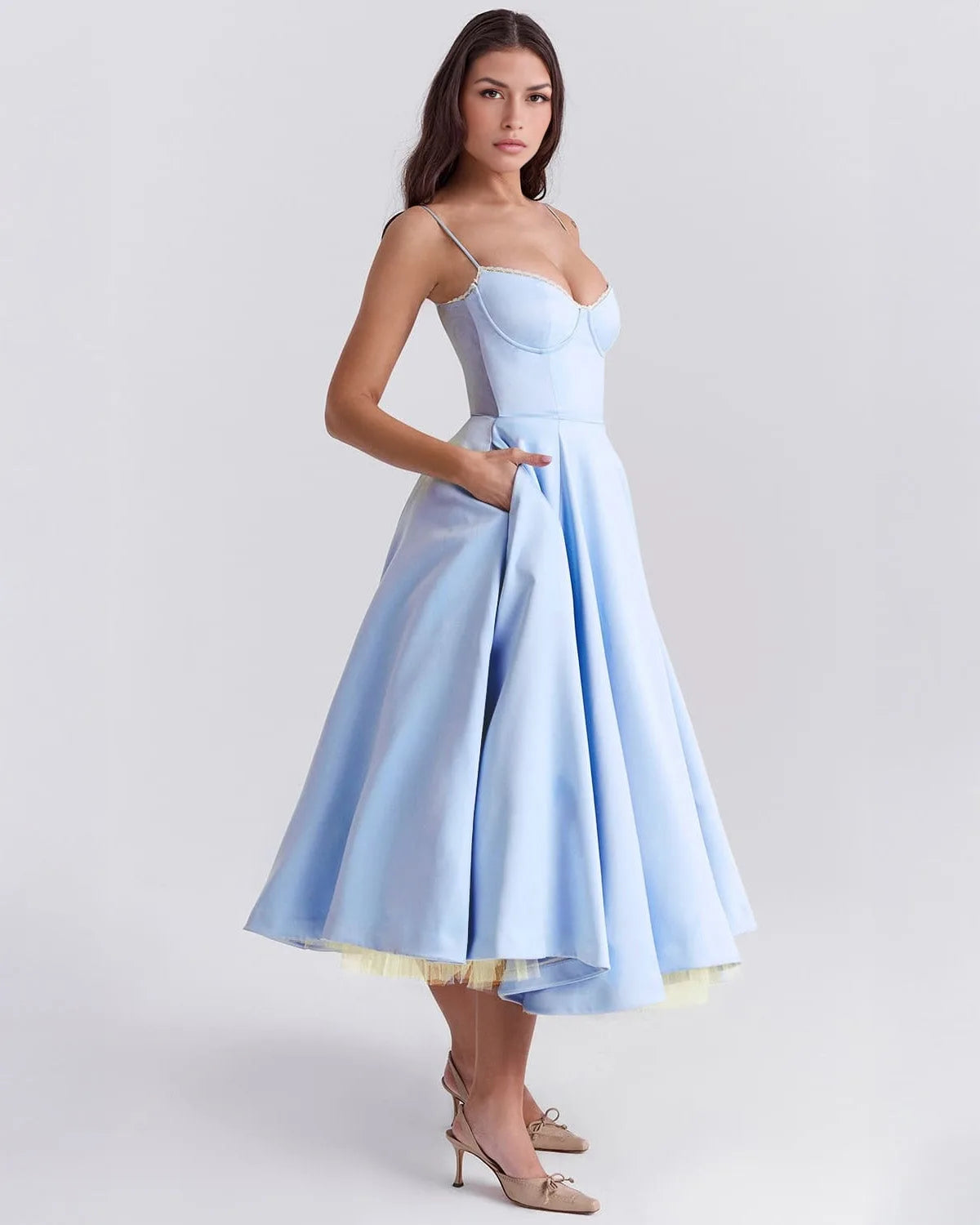 Women's sweetheart midi dress with fitted bodice and full skirt, light blue, front view