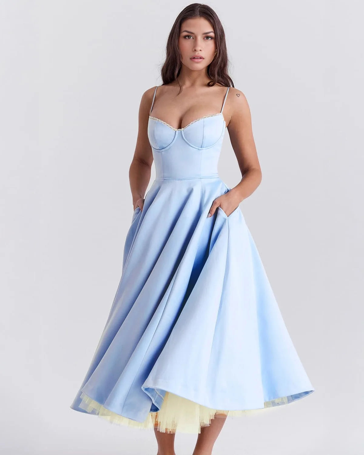 Women's sweetheart midi dress with fitted bodice and full skirt, light blue, front view