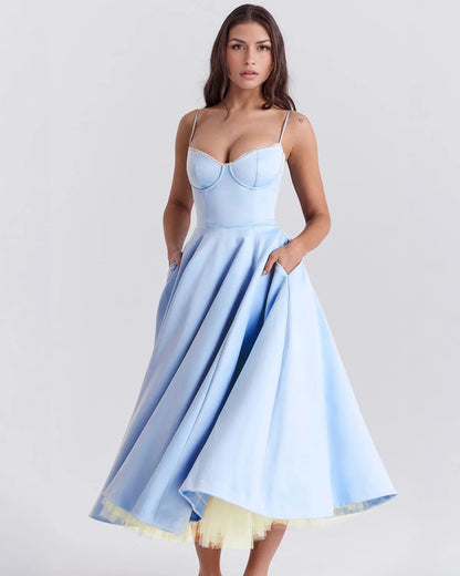 Women's sweetheart midi dress with fitted bodice and full skirt, light blue, front view