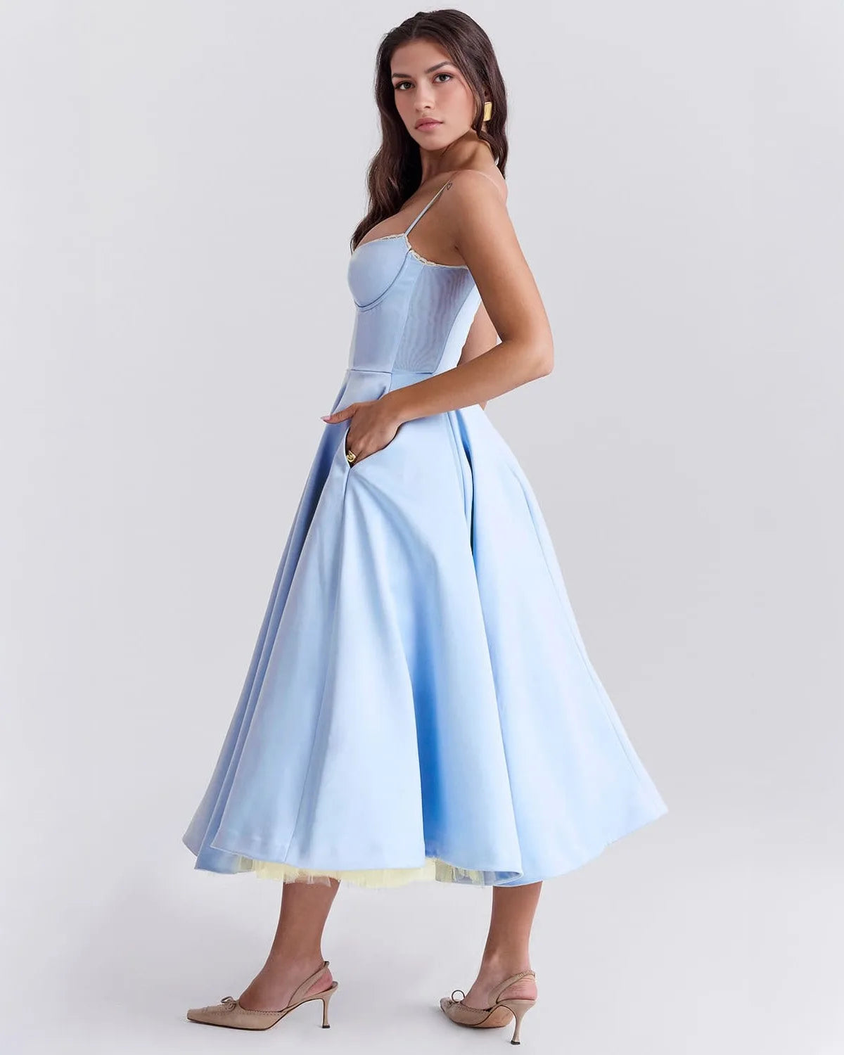 Women's sweetheart midi dress with fitted bodice and full skirt, light blue, side view