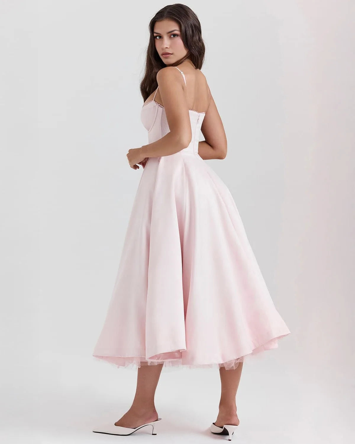 Women's sweetheart midi dress with fitted bodice and full skirt, pink, back view