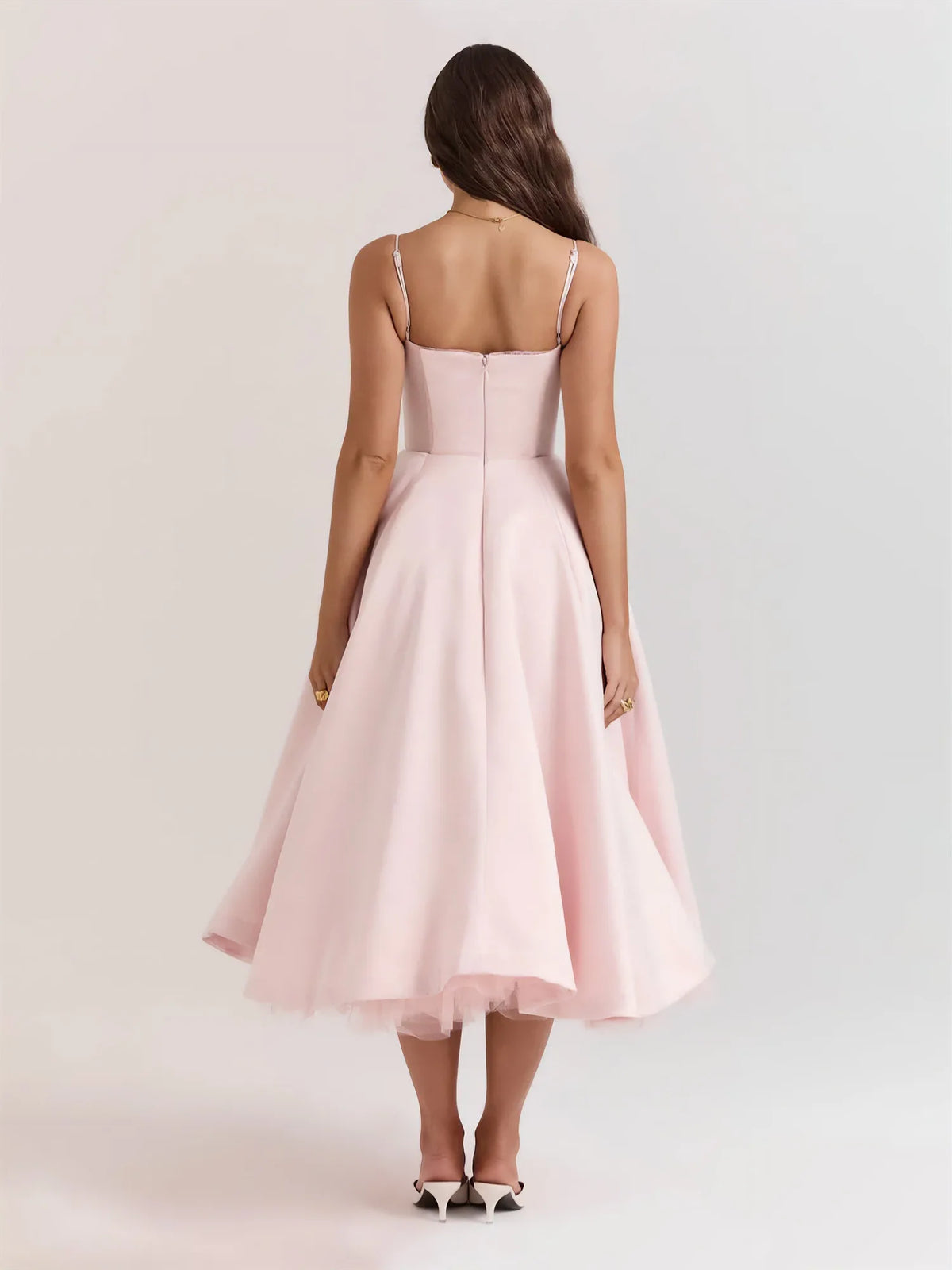 Women's sweetheart midi dress with fitted bodice and full skirt, pink, back view