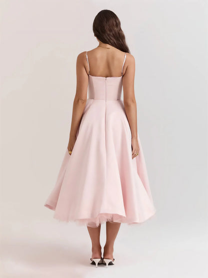 Women's sweetheart midi dress with fitted bodice and full skirt, pink, back view
