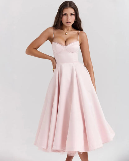 Women's sweetheart midi dress with fitted bodice and full skirt, pink, front view