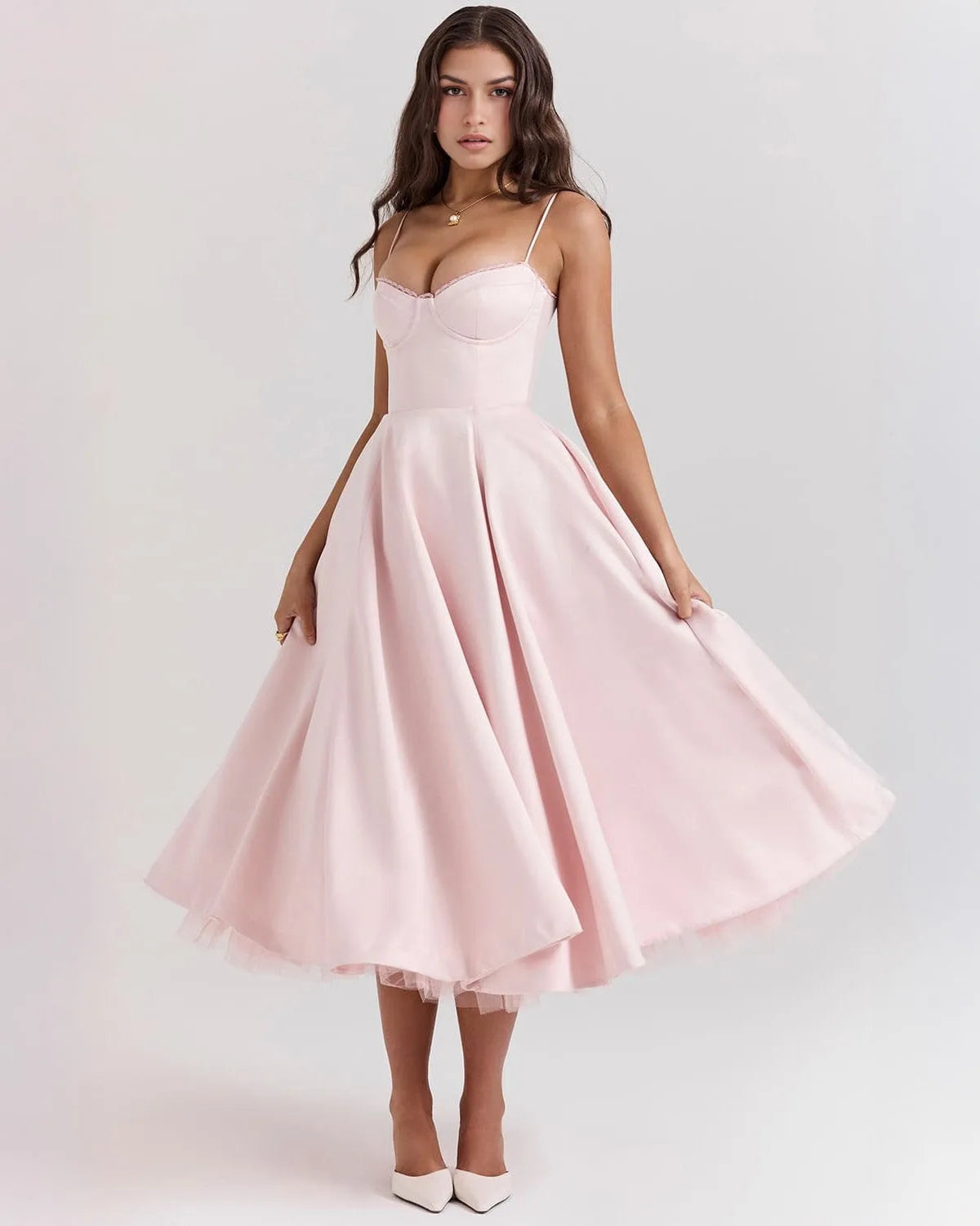 Women's sweetheart midi dress with fitted bodice and full skirt, pink, front view