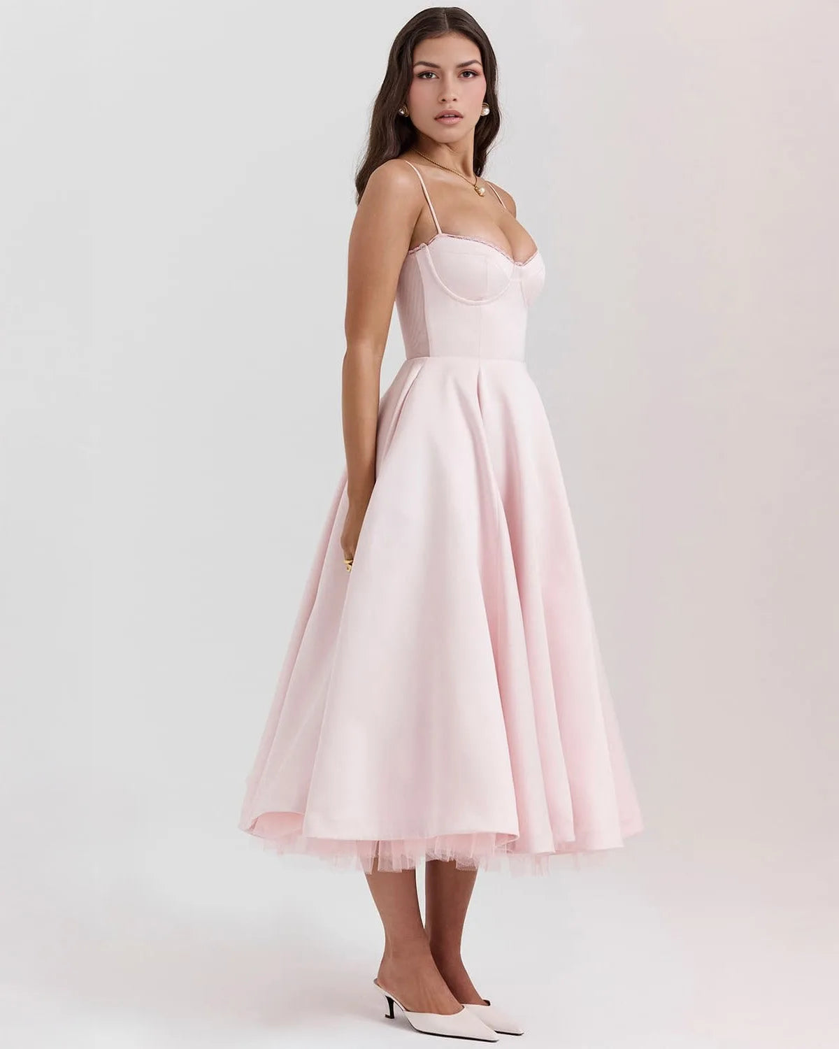 Women's sweetheart midi dress with fitted bodice and full skirt, pink, front view