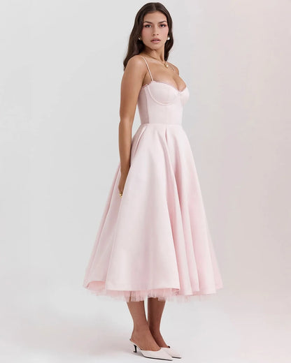 Women's sweetheart midi dress with fitted bodice and full skirt, pink, front view