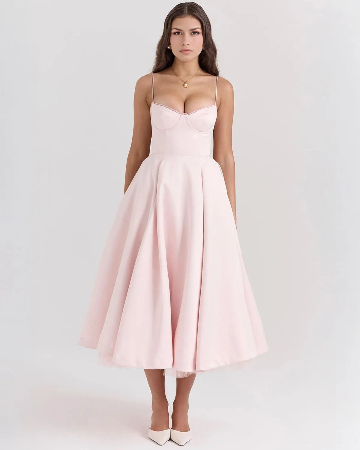 Women's sweetheart midi dress with fitted bodice and full skirt, pink, front view