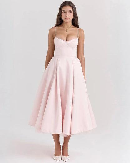 Women's sweetheart midi dress with fitted bodice and full skirt, pink, front view
