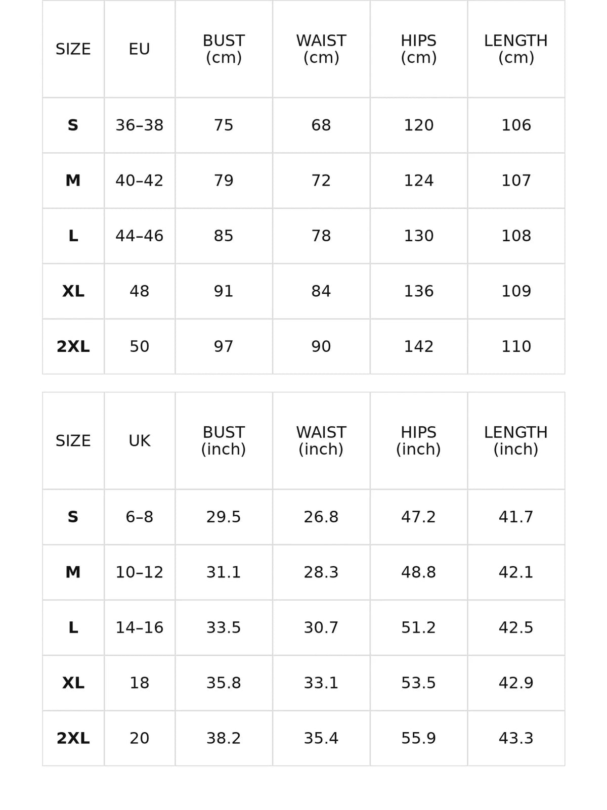Size chart for the sweetheart midi dress with fitted bodice and full skirt