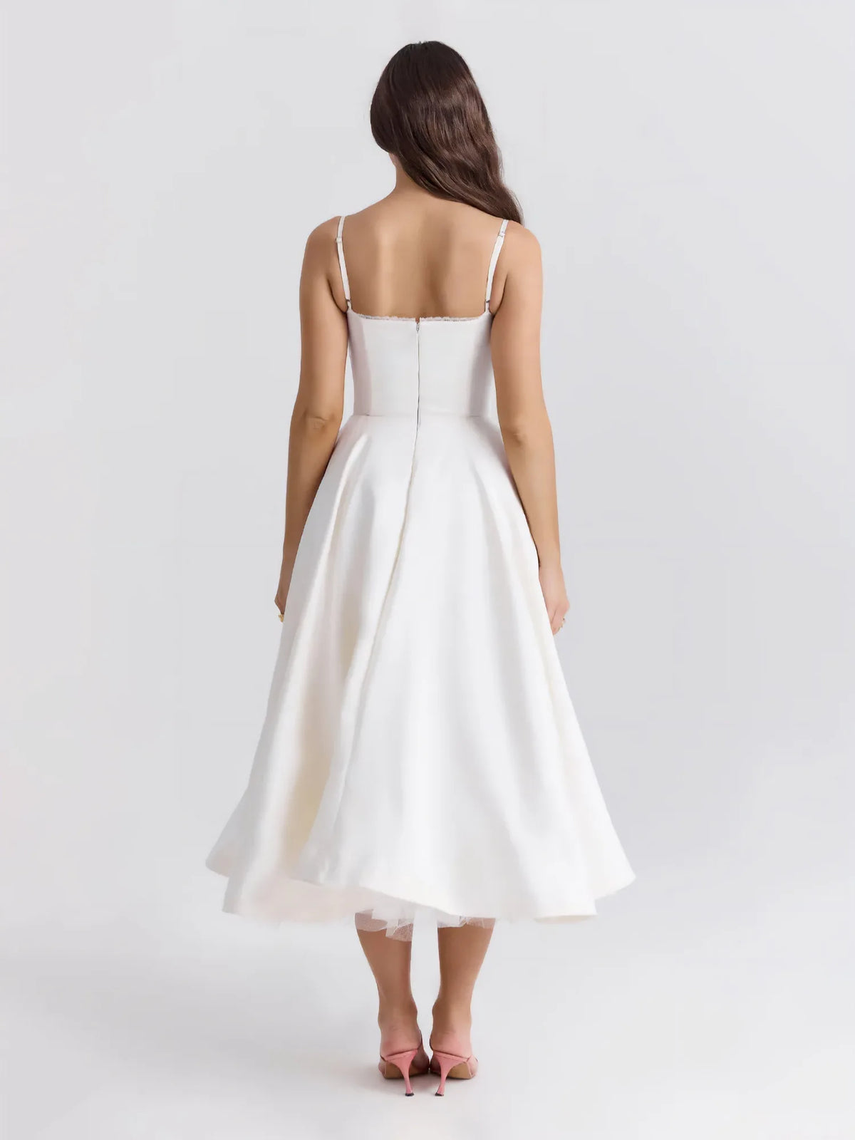Women's sweetheart midi dress with fitted bodice and full skirt, white, back view
