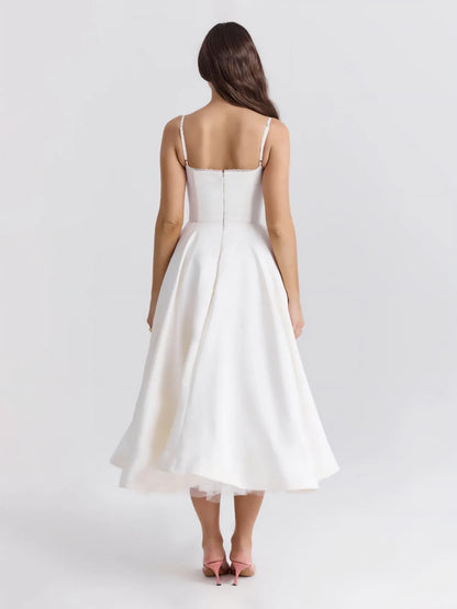 Women's sweetheart midi dress with fitted bodice and full skirt, white, back view