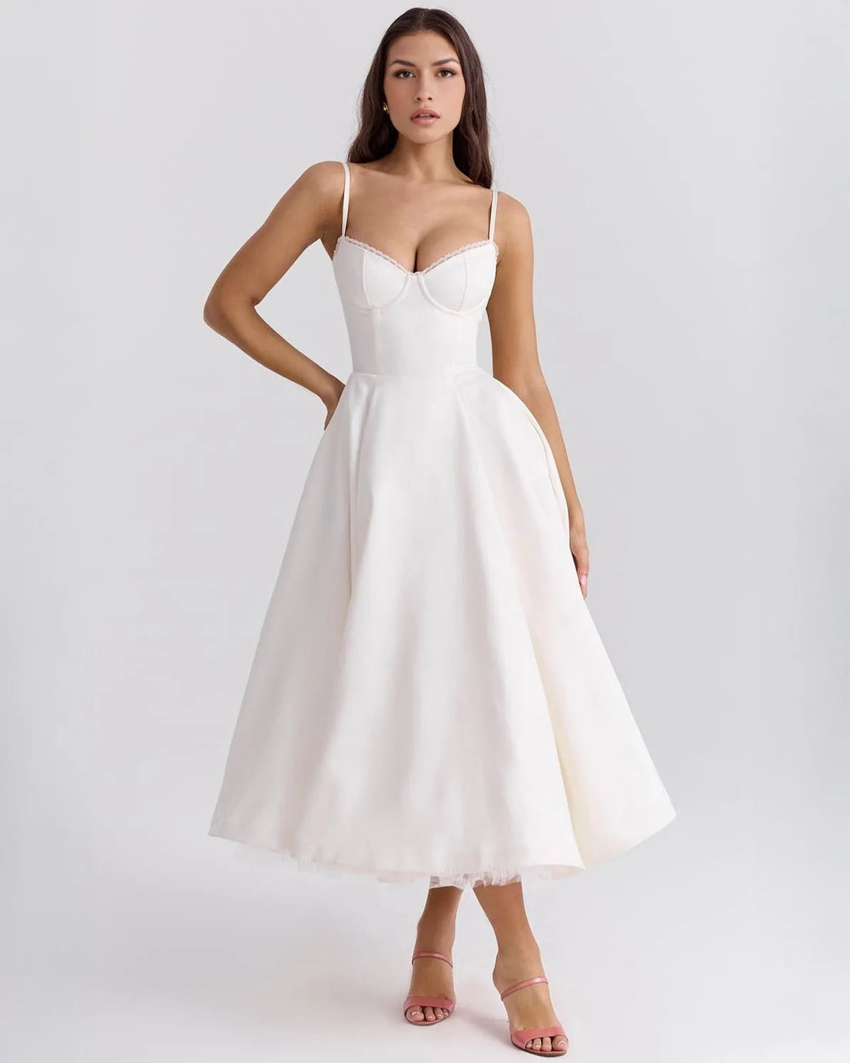 Women's sweetheart midi dress with fitted bodice and full skirt, white, front view