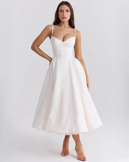 Women's sweetheart midi dress with fitted bodice and full skirt, white, front view