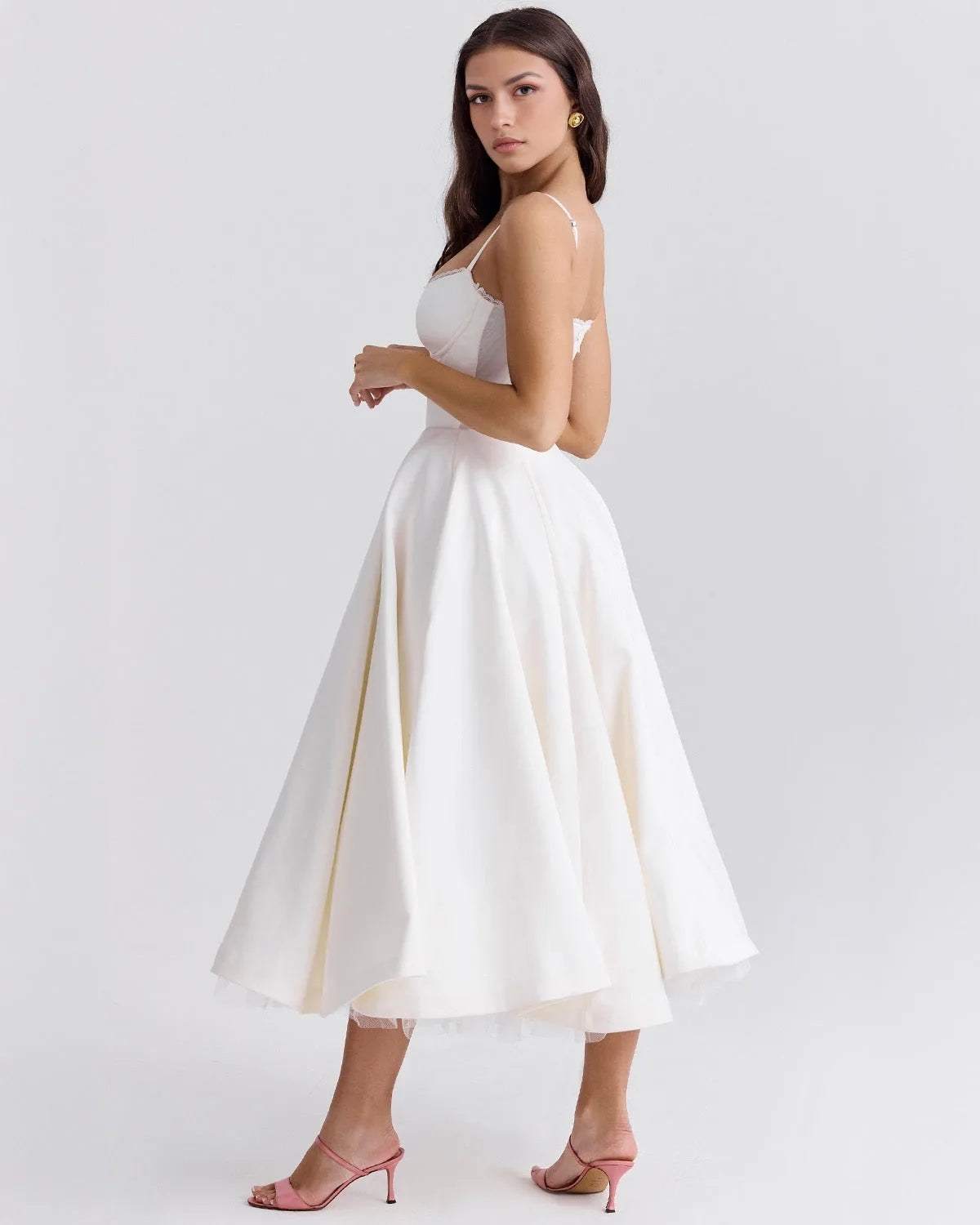 Women's sweetheart midi dress with fitted bodice and full skirt, white, front view